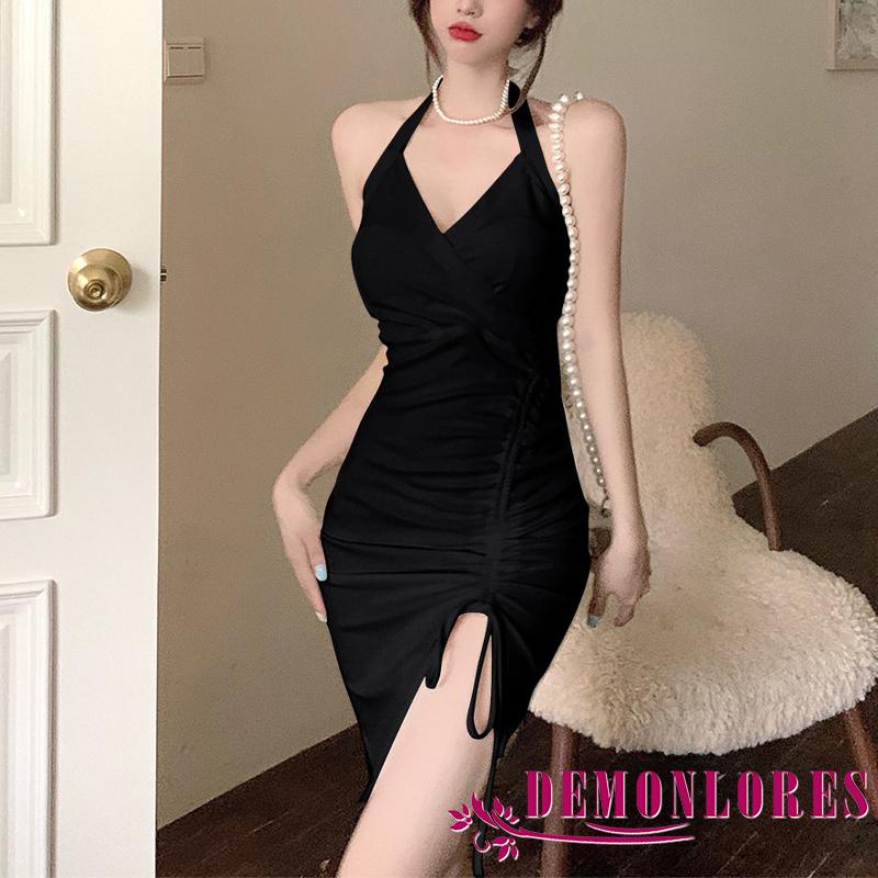 Demonlores-Women´s Summer Temperament Slim Solid Color Halter Neck V Neck Drawstring Design Korean Style Dress
