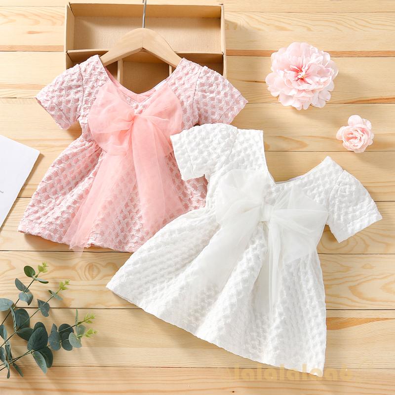 Đầm chữ A tay ngắn cổ chữ V phối lưới thắt nơ họa tiết sọc caro cho bé gái LAA6