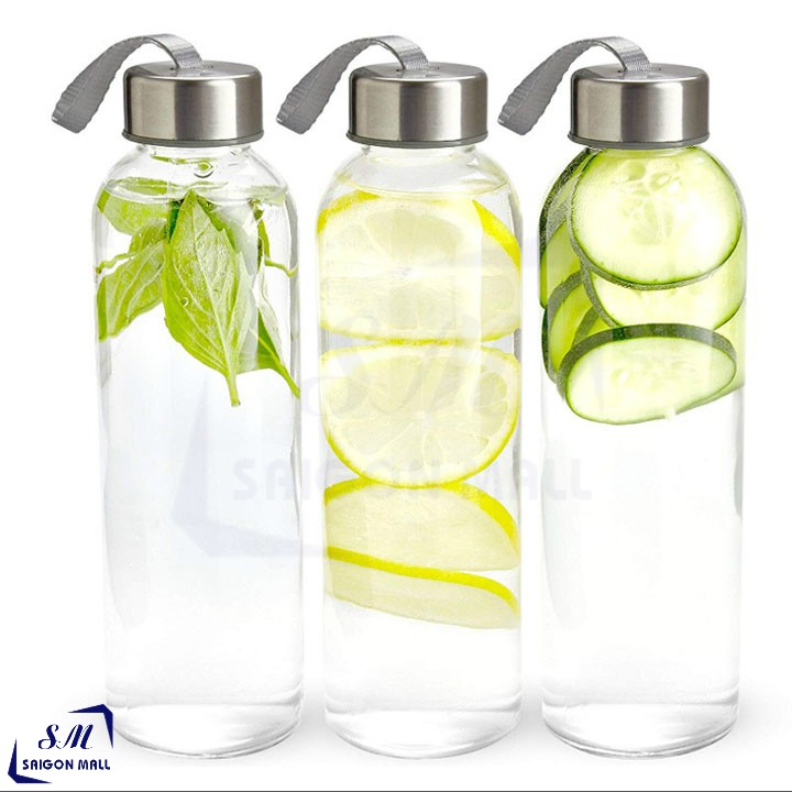 Bình nước thủy tinh 300ml có dây xách-Dây màu ngẫu nhiên