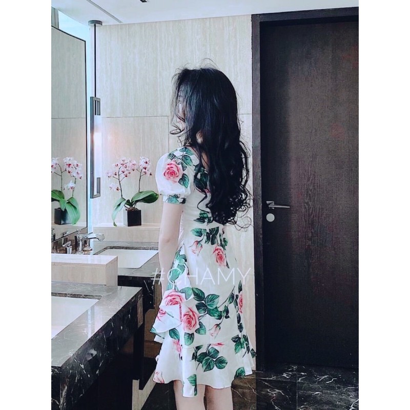 Váy hoa vạt bèo cổ V tim