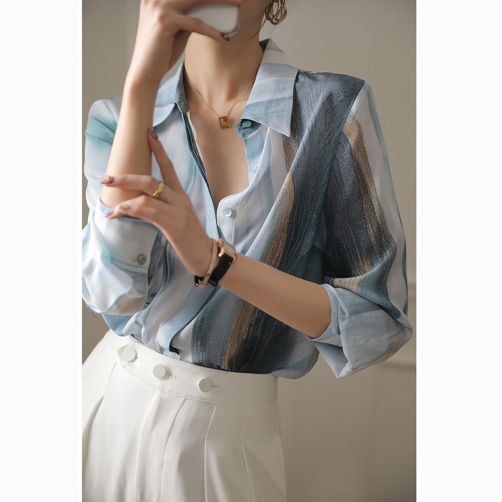 Áo Sơ Mi Lụa Satin Tay Dài Màu Sắc Gradient Cao Cấp Thời Trang Dành Cho Nữ