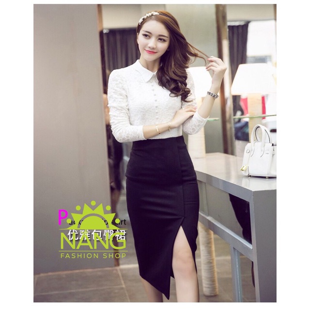 Chân váy công sở xẻ tà trước dáng dài thời trang | BigBuy360 - bigbuy360.vn