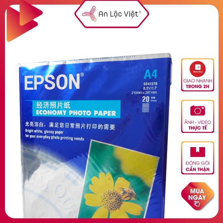 1 xấp gồm 20 tờ Giấy in ảnh Epson A4 một mặt định lượng 230gsm – 100 tờ Giấy in màu Epson A4 định lượng 130gsm