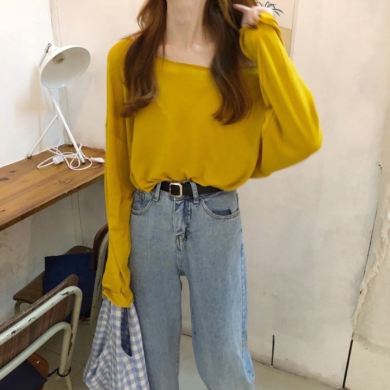 Casual all-match thin simple solid color loose long-sleeved sunscreen bottoming t-shirt