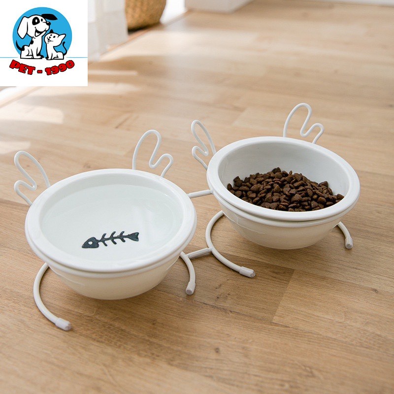 Bát Ăn Đôi Sứ Khung Kim Loại Hình Tuần Lộc Sang Trọng, Đế Nghiêng Bảo Vệ Đốt Sống Cổ Chống Gù Cho Thú Cưng