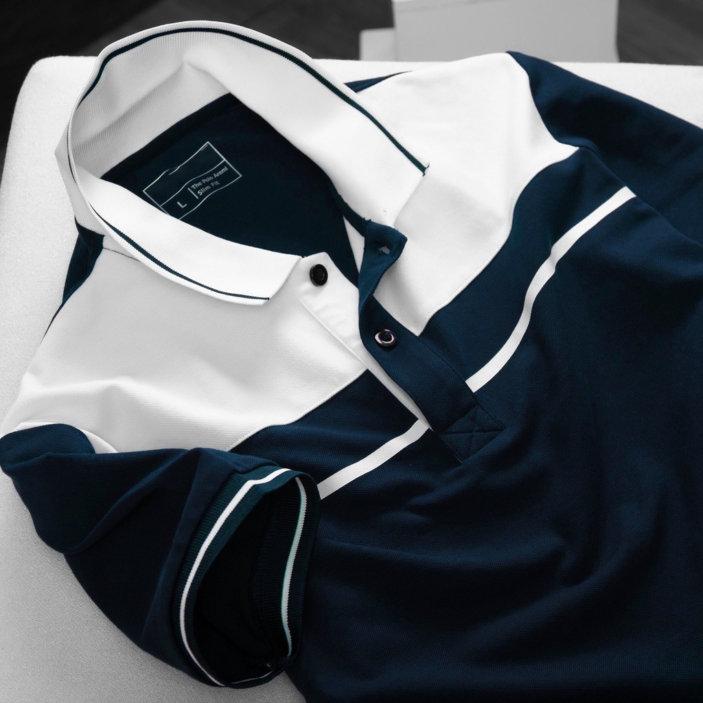 Áo POLO NAM xanh than phối kẻ thun trơn cổ bẻ co dãn 4 chiều, form chuẩn, full size