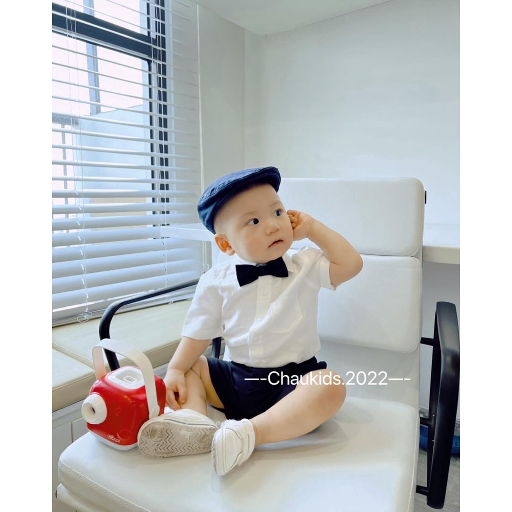 Quần áo bé trai, set 3ct công tử: áo sơ mi trắng chất thô, quần và áo gile chất đũi thấm hút mồ hôi cho bé