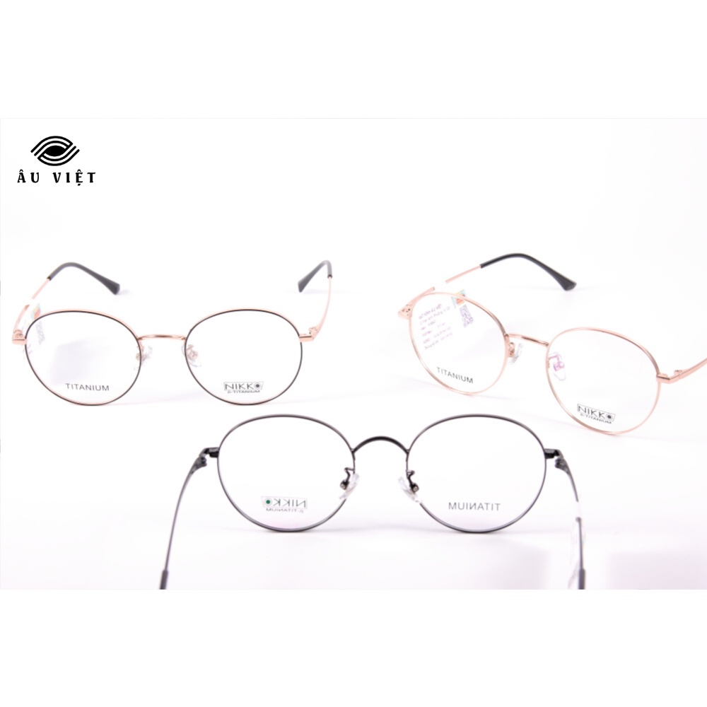 Gọng kính kim loại titanium Nikko 8325 nam nữ unisex dáng tròn màu vàng hồng/viền đen/đen Full box