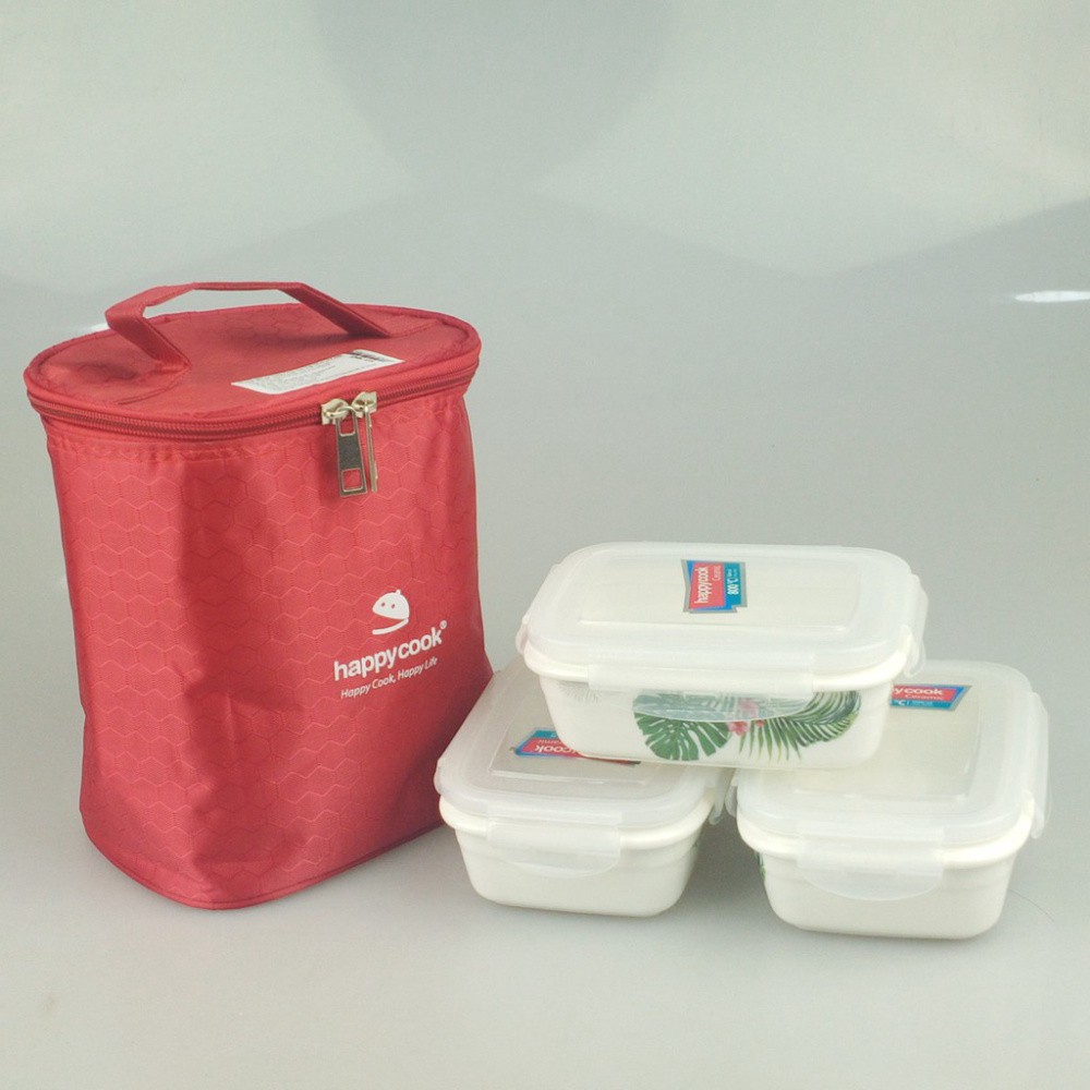 Hộp cơm sứ 3 tầng chữ nhật 325ml Happycook tặng túi đựng cao cấp