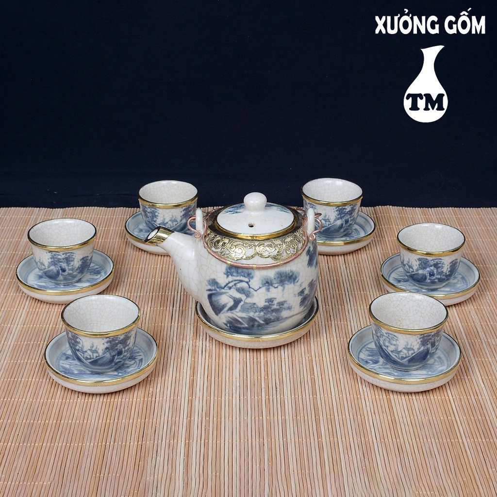 Bộ Ấm Chén Men Rạn Dáng Vại Bọc Đồng 600ml Xưởng Gốm TM Bát Tràng