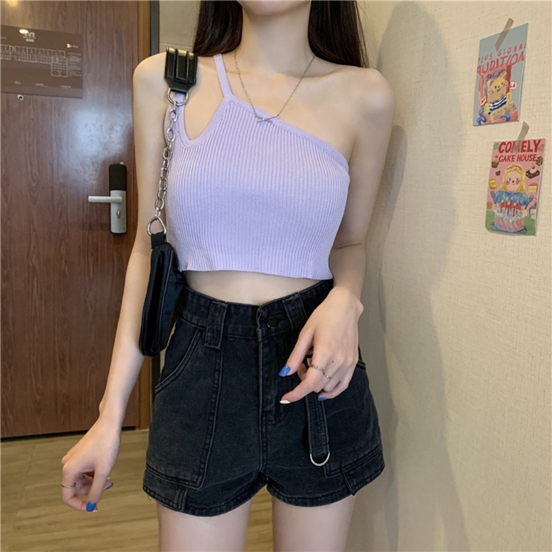 Áo Tank Top Dệt Kim Hai Dây Một Bên Vai Gợi Cảm Cho Nữ