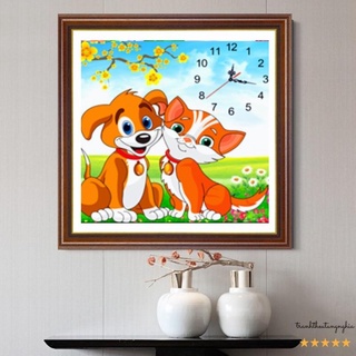 Tranh thêu chữ thập đồng hồ mèo và chó con dễ thương 47cm x 47cm