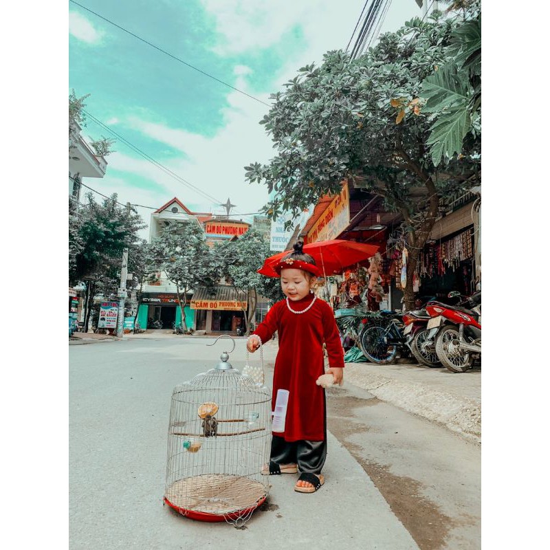 SET ÁO DÀI NHUNG CHO BÉ 8-33kg - set kèm quần và mấn- Hình thật