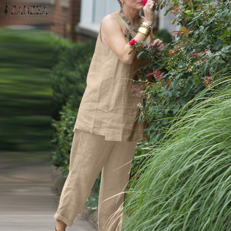 Zanzea Set Áo Sát Nách Phối Quần Dài Ống Rộng Thời Trang Nữ