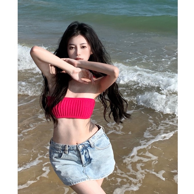 QADCOL  Áo Dệt Kim Không Tay Hở Lưng Ôm Dáng Thời Trang Cho Nữ