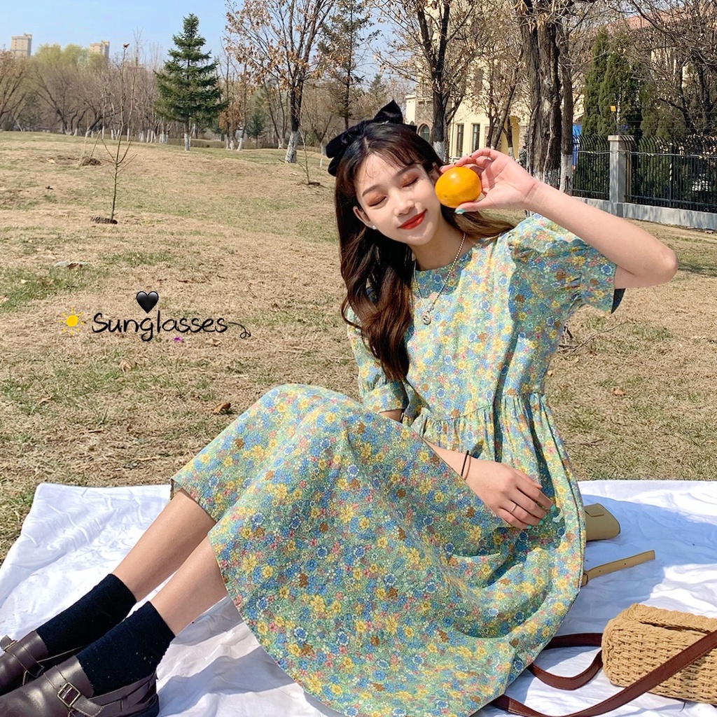 Đầm hoa Perty tay phồng dáng chữ A phong cách Hàn Quốc cho nữ
