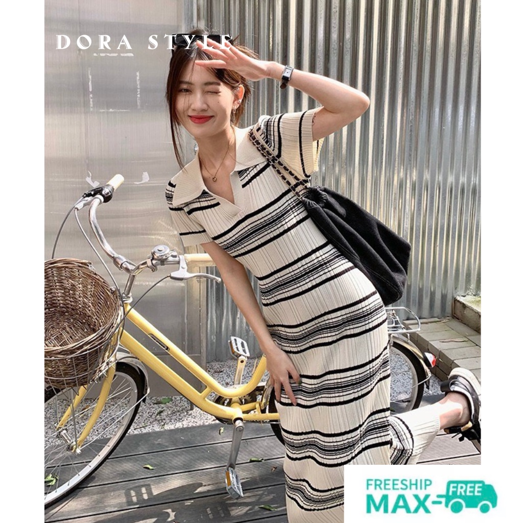 Váy len kẻ body họa tiết kẻ sọc ngang cổ đức phong cách sexy Dorastyle