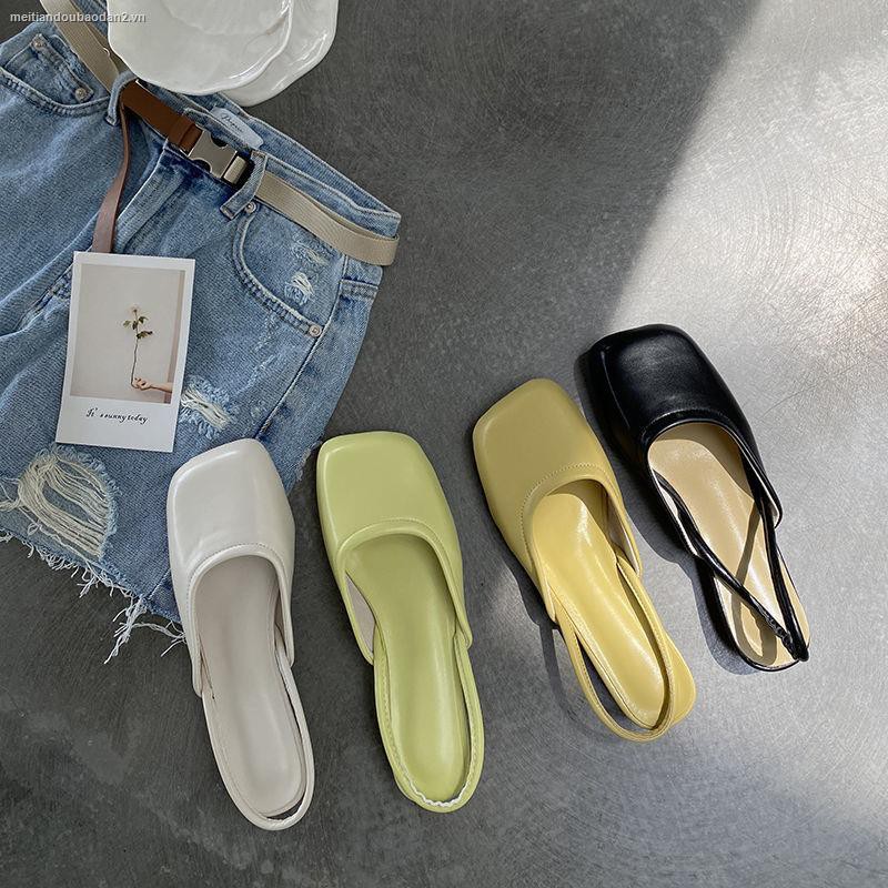 Giày sandal đế thấp mũi vuông quai co giãn thời trang mùa hè mới 2021 cho nữ