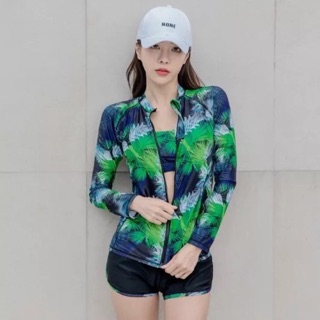 Bộ bơi dài tay áo kéo khoá hoa xanh