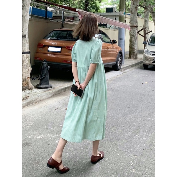 Váy Babydoll cổ tròn tay phồng xanh ngọc Xanh Mint hàng đẹp Đầm suông dáng dài phong cách Hàn quốc dành cho nữ