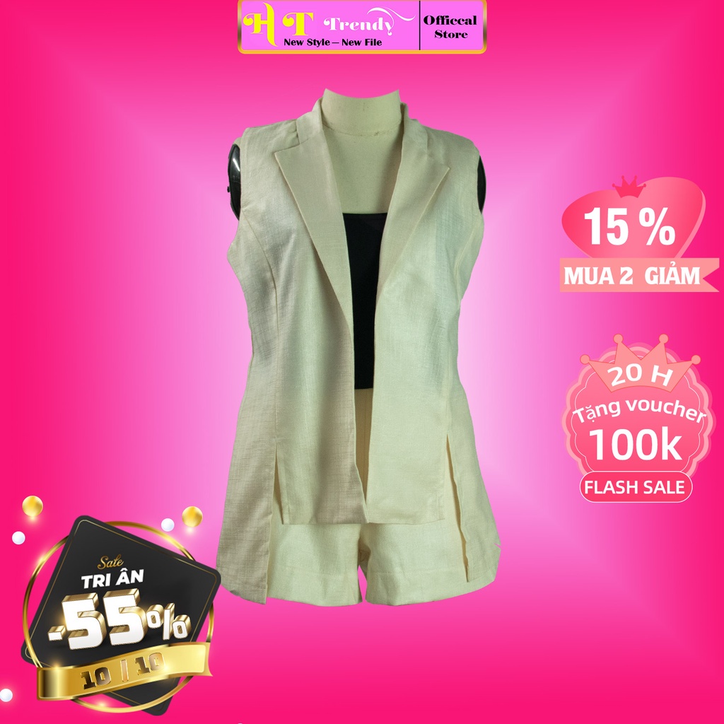 Set bộ đũi áo cổ vest sát nách kết hợp quần shot bộ đồ nữ ngắn cao cấp thời trang thiết kế HT TRENDY