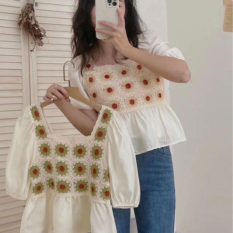 Brroa Áo Croptop Tay Phồng Ngắn In Họa Tiết Hoa Viền Bèo Thời Trang Cho Nữ