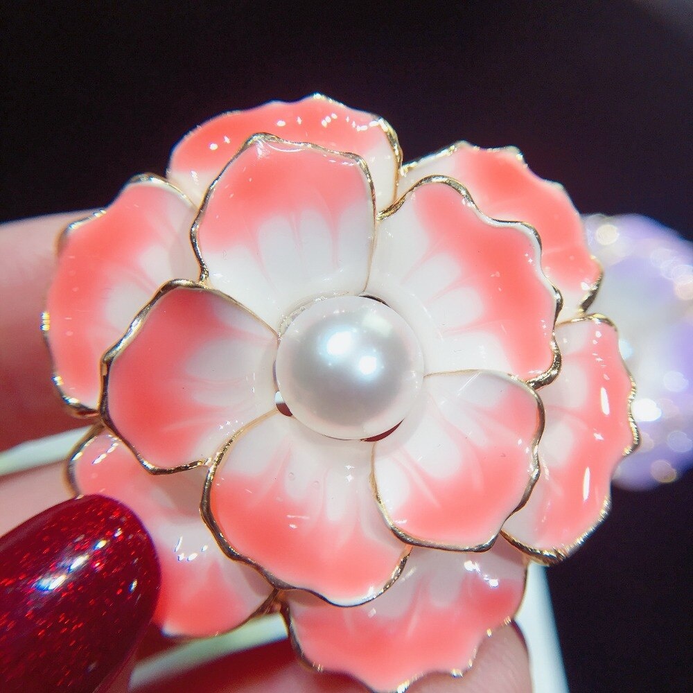 Ghim Cài Áo Hình Hoa Tráng Men Đính Ngọc Trai Tự Nhiên Đơn Giản Cho Nữ