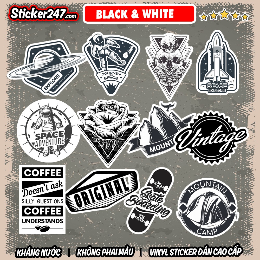 Sticker Trắng Đen Labels Retro 𝑭𝒓𝒆𝒆𝒔𝒉𝒊𝒑 chống nước, sticker dán laptop, điện thoại, đàn guitar, mũ bảo hiểm, vali, ipad