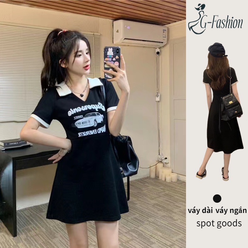 Váy Bigsize Nữ Màu Đen Cổ Polo Dáng Dài Tiết In Họa Thời Trang Hàn Quốc Đầm Nữ