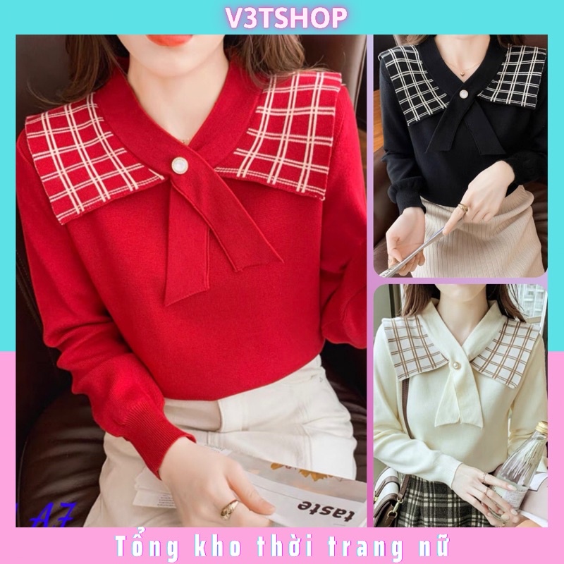 áo len nữ cổ nơ pha kẻ caro siêu đẹp, áo cổ bèo Quảng châu hai màu đen và da