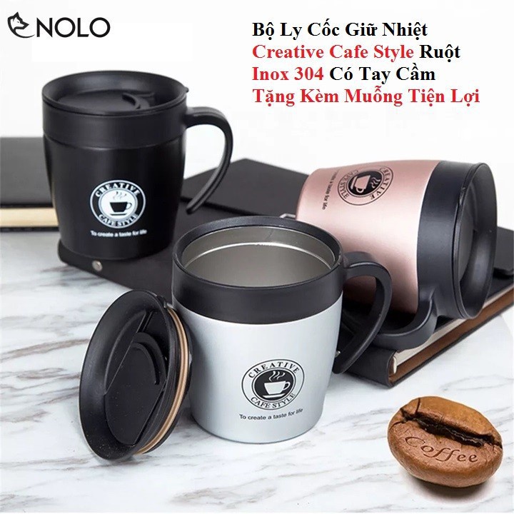 Cốc Giữ Nhiệt Cafe, Trà Bằng Inox SUS 304 330ml Kèm Muỗng Khuấy Inox
