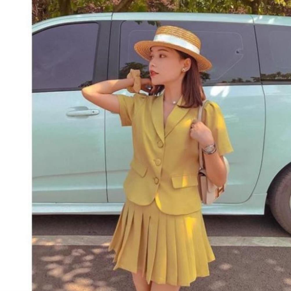 Set Vest Nữ, Vest Nữ Trơn Kèm Chân Váy Xếp Ly Cổ Sam Tay Ngắn Siêu Xinh Phong Cách Hàn Quốc Trang Cao Cấp Selena