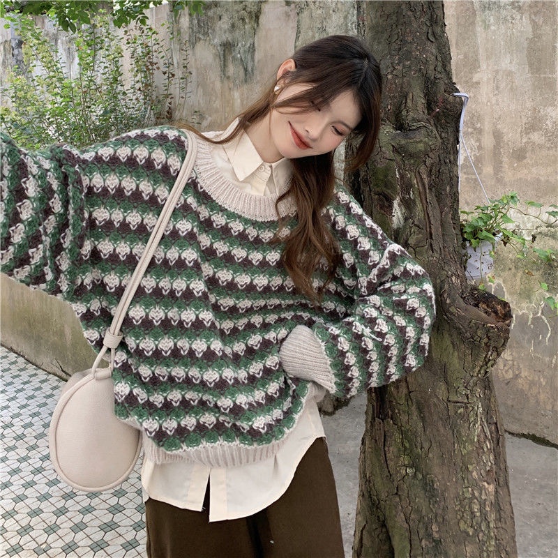 Áo sweater Cổ Tròn Dáng Rộng Phối Màu Tương Phản Thời Trang Thu Đông Cho Nữ