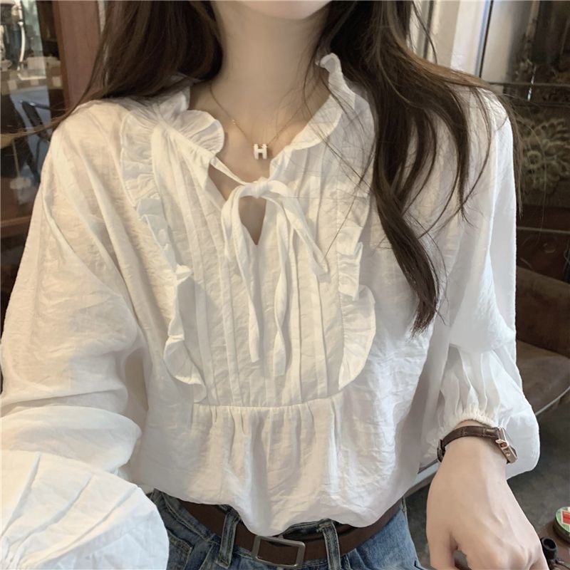 Áo Kiểu Dáng Rộng Cổ Chữ V Cột Dây Dễ Phối Đồ Thời Trang Mùa Thu