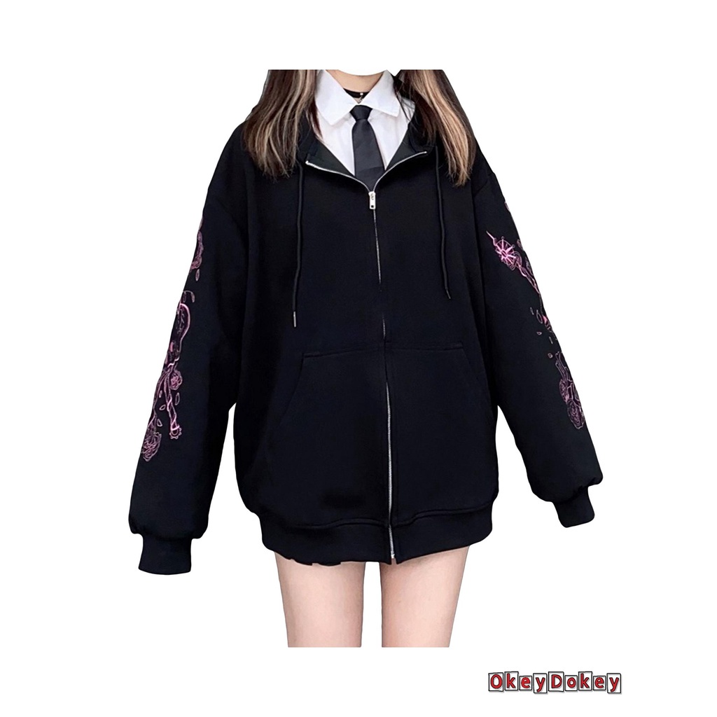 Áo khoác hoodie có khóa kéo tay dài in họa tiết đầu lâu vương miện phong cách gothic cá tính thời trang dành cho nữ