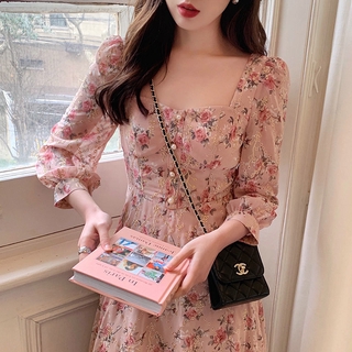 Đầm hoa tay dài nhấn eo thời trang 2021 cho nữ
