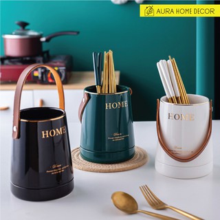 [Có sẵn] Hũ đựng đũa, thìa Home bằng sứ cao cấp có quai da tiện dụng 3 màu: Xanh cổ vịt/ Trắng/ Đen