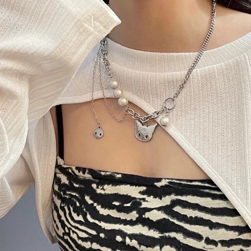 Vòng cổ nhiều lớp bằng thép titan phối ngọc trai cá tính thời trang phong cách Hàn Quốc