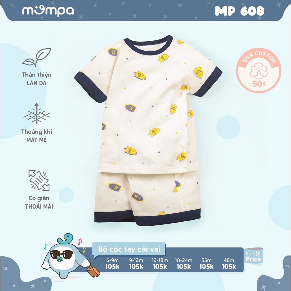 Bộ quần áo cộc tay hè Mompa 6 tháng - 4 tuổi vải cotton thoáng mát thấm hút cổ tròn cúc cổ 608