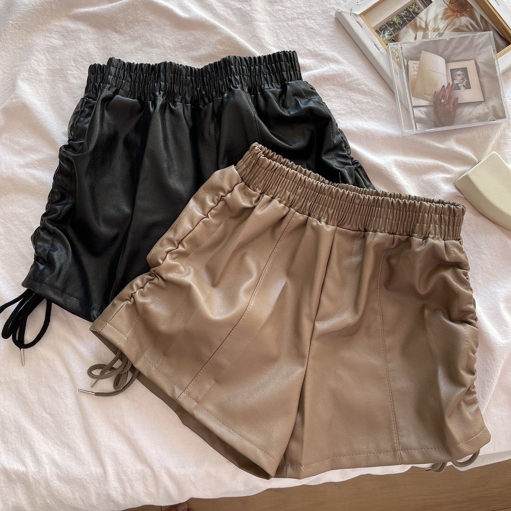 Quần Short Da Mỏng Lưng Thun Cao Ống Rộng Phối Dây Cột Hai Bên Thời Trang Dành Cho Nữ