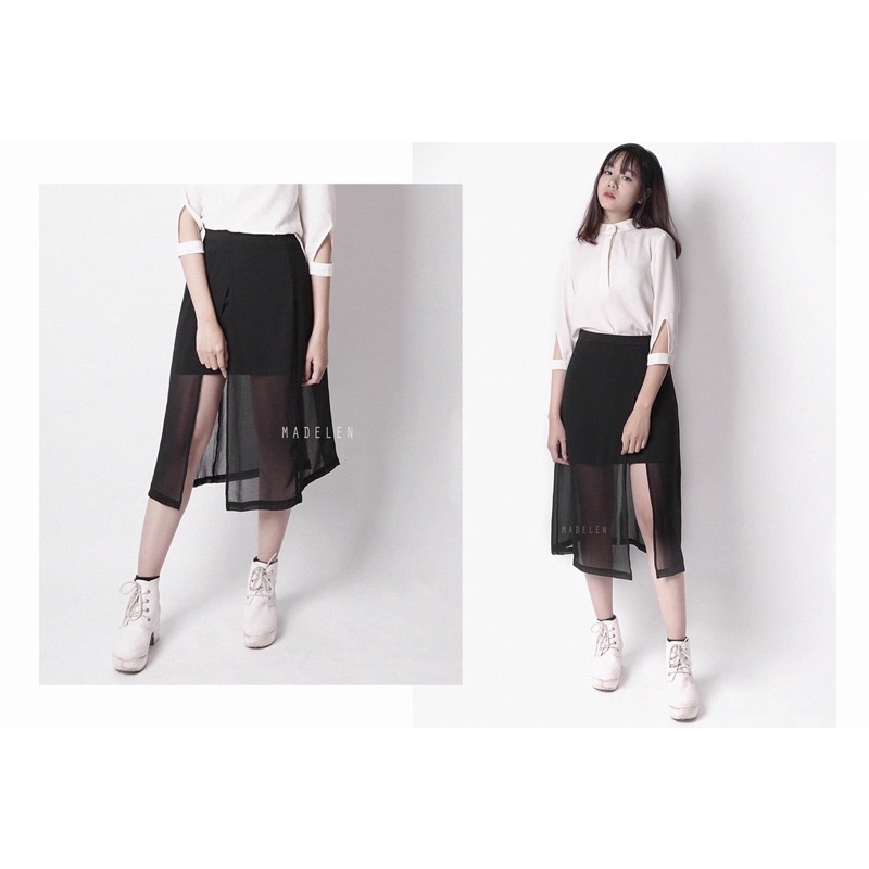 Chân váy xẻ dài nữ vải chiffon màu đen MADELEN