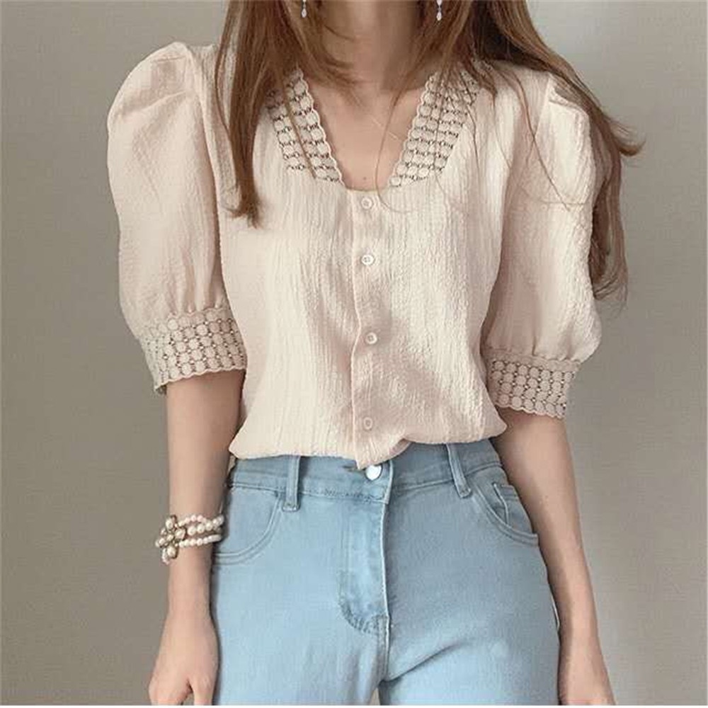 Áo kiểu SUXI phối ren tay phồng ngắn cổ chữ V thời trang hè phong cách Hàn Quốc cổ điển