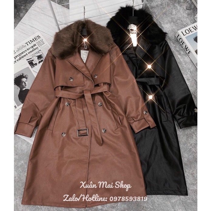 [FREESHIP]Áo khoác da mangto phối lông tháo rời được cao cấp tay dài sáu nút có đai tay đai eo hàng QCCC hình thật