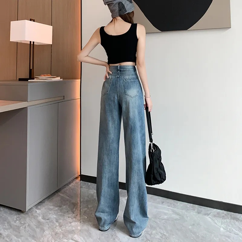 Quần Jeans Ống Rộng Lưng Cao Phong Cách Retro Cho Nữ