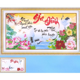 Tranh thêu chữ thập có kết nụ hoa đỏ Gia Đình Hạnh Phúc Bình Yên, Tài Vô Lộc Tiến Phúc Duyên Tràn Đầy