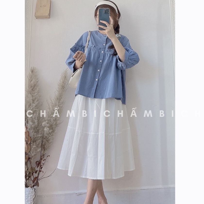 Set bộ nữ đi chơi S.049, Set áo kiểu tay lỡ bồng cổ tàu dáng babydoll bèo ngực cách điệu và quần short cạp chun