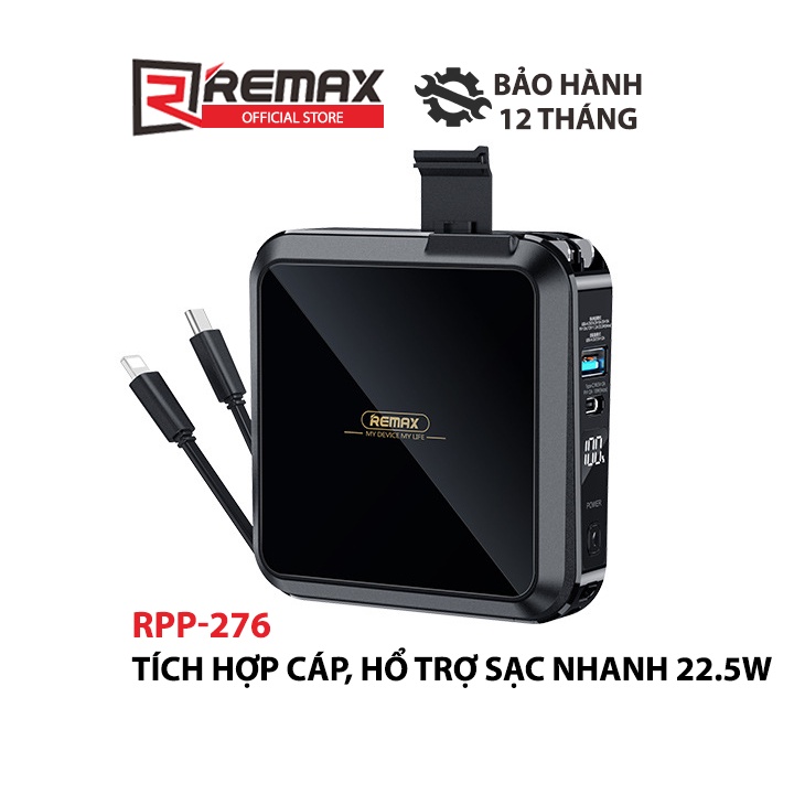 Cóc sạc nhanh kiêm pin sạc dự phòng đa năng Remax RPP-276 15000mAh tích hợp cáp sạc và giá đỡ điện thoại