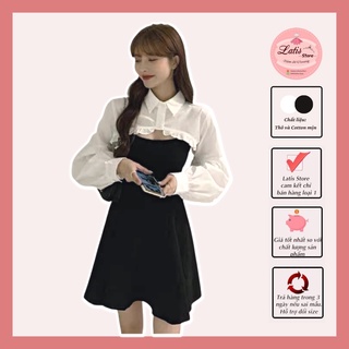Set Váy 2 Dây Áo Khoác Bèo Trắng Phong Cách Ulzzang, Váy Hai Dây Và Áo Sơ Mi Khoác Hàng Quảng Châu Latis Store