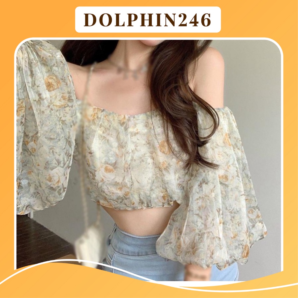Áo trễ vai tay bồng dài phồng croptop kiểu nữ in họa tiết hoa dễ thương phong cách Hàn Quốc thời trang mùa hè K4T2-4