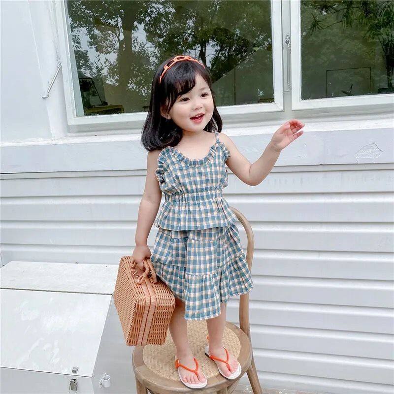 Set Áo Hai Dây + Chân Váy Họa Tiết Sọc Caro Thời Trang Mùa Hè Cho Bé Gái